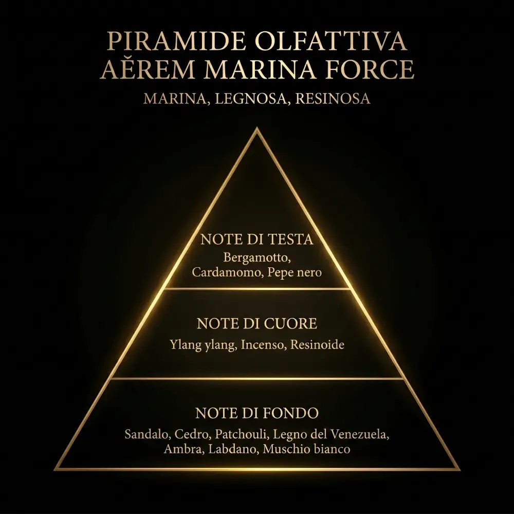 Piramide olfattiva Aerem Marina Force con note di testa bergamotto cardamomo pepe nero, cuore ylang ylang incenso resinoide, fondo sandalo cedro patchouli legno del venezuela ambra labdano muschio bianco