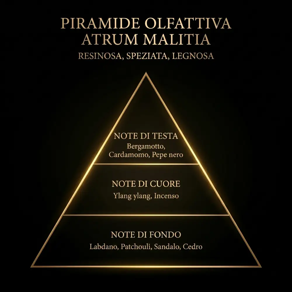 Piramide olfattiva Atrum Malitia con note di testa bergamotto cardamomo pepe nero, cuore ylang ylang incenso, fondo labdano patchouli sandalo cedro