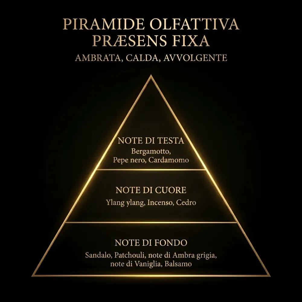 Piramide olfattiva Praesens Fixa con note di testa bergamotto pepe nero cardamomo, cuore ylang ylang incenso cedro, fondo sandalo patchouli note di ambra grigia note di vaniglia balsamo